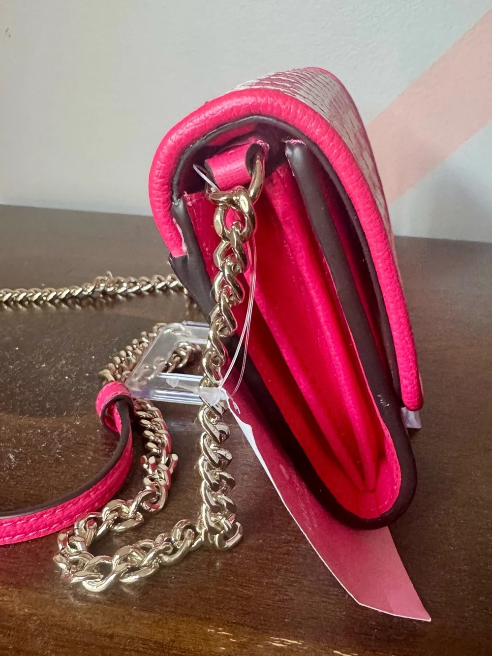 kate spade Pink & White Woven Crossbody Wallet with Gold Chain